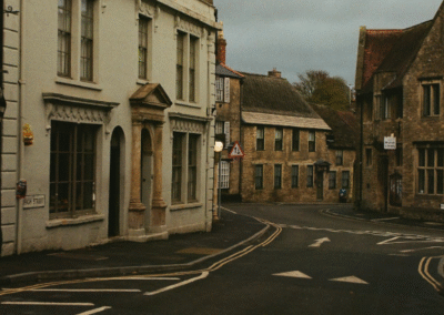 Quiet street with historic buildings.